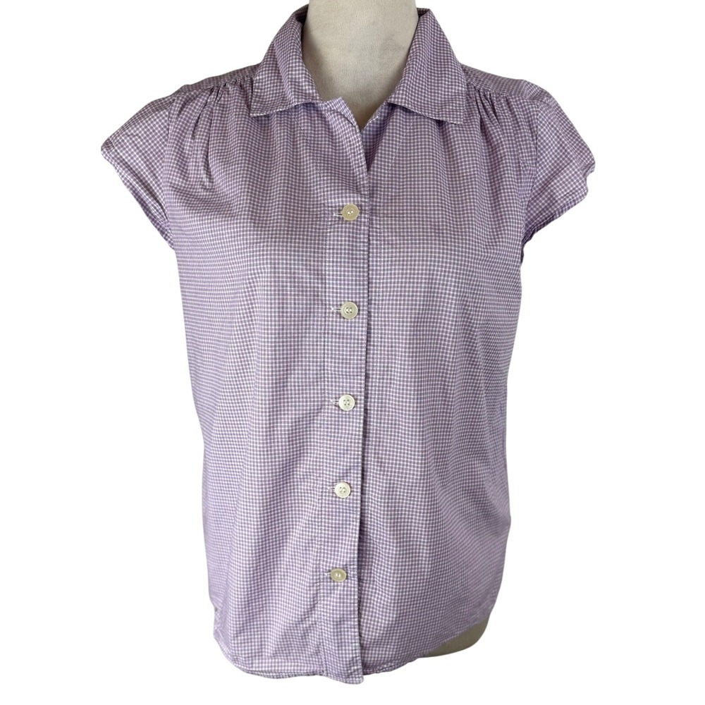 The Cat's Pajamas Gingham Button Down Top S Purple White Cap Sleeve Cotton